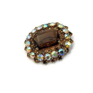 Vintage 50s Rhinestone brooch Topaz and Aurora coloured Gold tone Pin